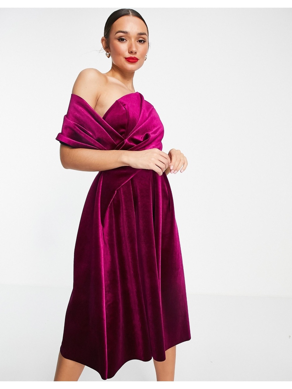 ASOS DESIGN velvet bare shoulder prom midi dress in berry